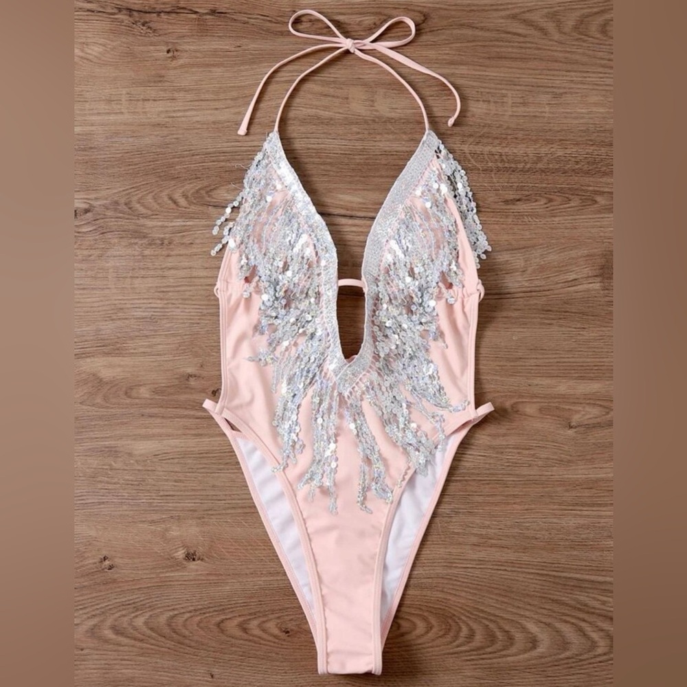 Pink and sequin cutout one piece bathing suit